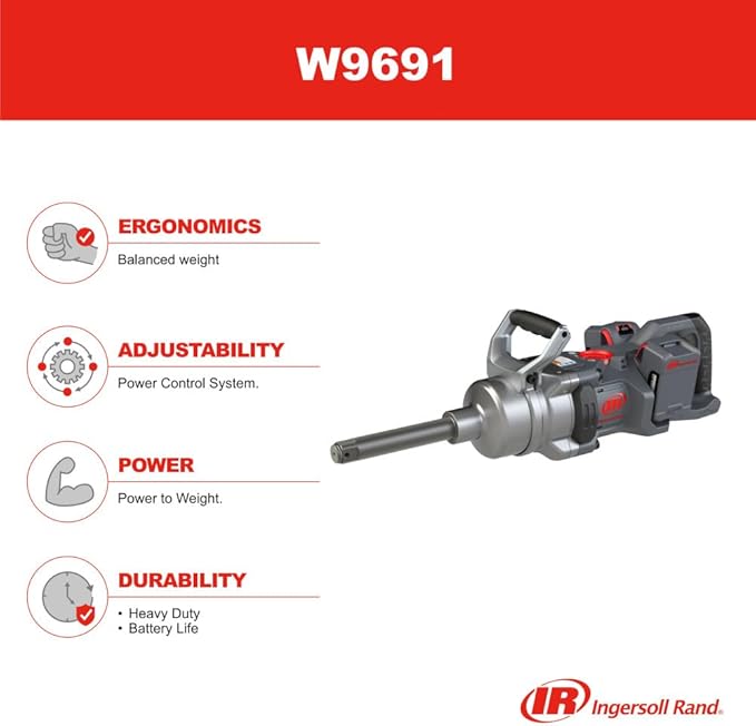 Ingersoll Rand W9691 20V High-torque 1" Cordless Impact Wrench, 3000ft-lbs Nut-busting Torque, 6" Ext Anvil