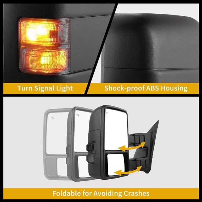 DWVO Tow Mirrors Compatible with 1999-2007 Ford F250 F350 F450 F550 Super Duty & 2000-2005 Ford Excursion, Electric Heated Rear View Side MirrorsSmoke LED Turn Signals, Black