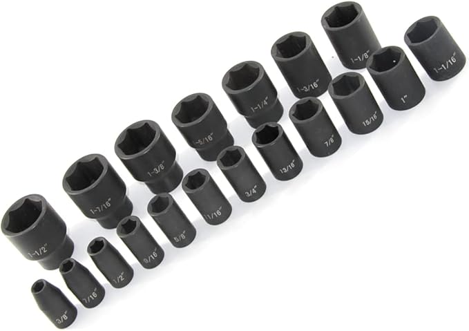 MacWork 19 Piece 1/2-Inch Drive Standard/Shallow Impact Socket Set, SAE, 3/8" to 1-1/2", CR-V&Cr-Mo Alloy Steel, 6-point Hex Radius Corner Design