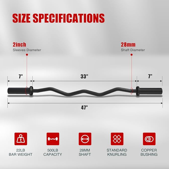Olympic EZ Curl Bar, 47INCH/4FT Strength Training Curling Bar with Knurled Grip, Chrome Finish, Copper Sleeve Barbell for 2-inch Weight Plates, 500 LBS Capacity