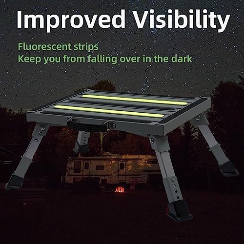 Iron RV Steps, 4-Level Adjustable Folding Step Stool with Non-Slip Rubber Feet, Non-Slip Fluorescent Strip Platform Rv Accessories, Supports Up to 1000 lbs - Gray