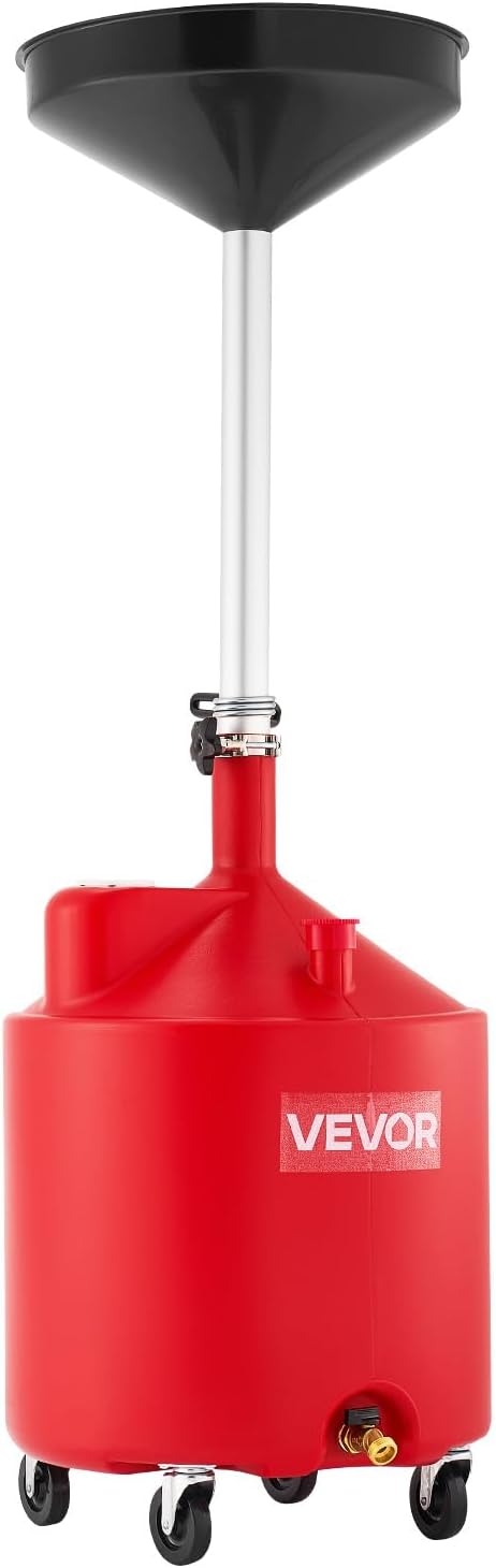 VEVOR 18 Gallon Waste Oil Drain Tank, Industrial Fluid Drain Tank with Adjustable Funnel Height, Portable Oil Drainer with Wheels, Fluid Fuel Transfer Drainage for Auto Repair Shops, Garages, Red