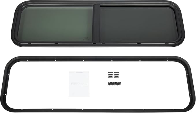 42" W x 12" H RV Window Horizontal Sliding, DOT Certified - Shatterproof Tempered Tinted Glass, with Net Screen and Trim Ring, Teardrop Replacement Trailer Camper Window