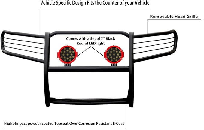 Black Horse Grille brush Bumper Guard Modular Black Come With pair of 7.0"Dia.LED Lights with Red Trim Rings Compatible with 2005-2010 Jeep Grand Cherokee-17A080200MA-PLR