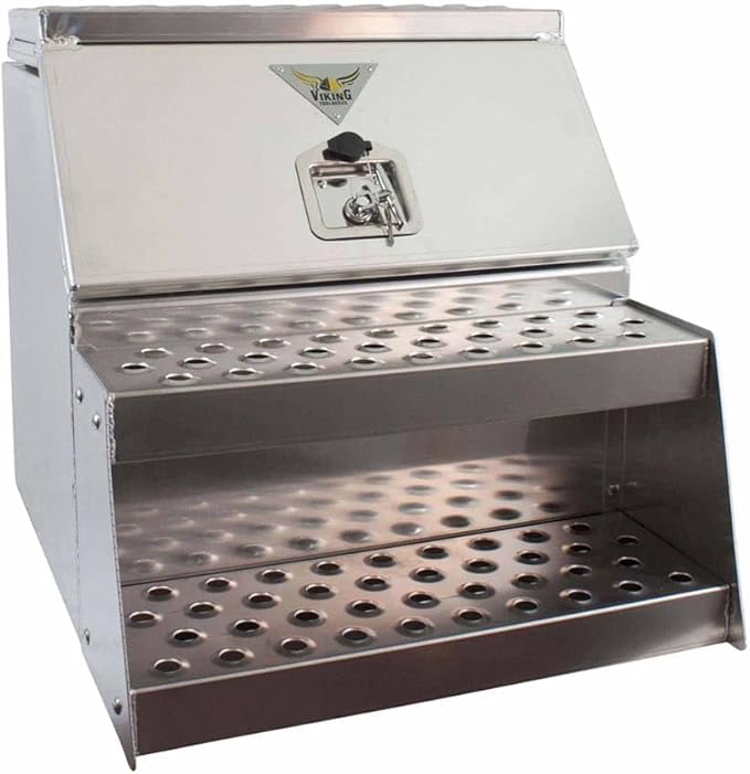 Mytee Products 24.5"x28.4"x30" Aluminum Side Mount Semi Truck Tool Box with Saddle Step Open Wide Design & T-Handle Latch Lock - Heavy Duty Weather Tight Step Tool Box for Flatbed Trailer