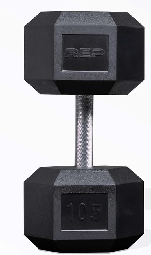 Rep Fitness Rubber Hex Dumbbell(s) - Singles (55LB +) and Pairs (5LB - 50LB) - Low Odor, Fully Knurled Handle