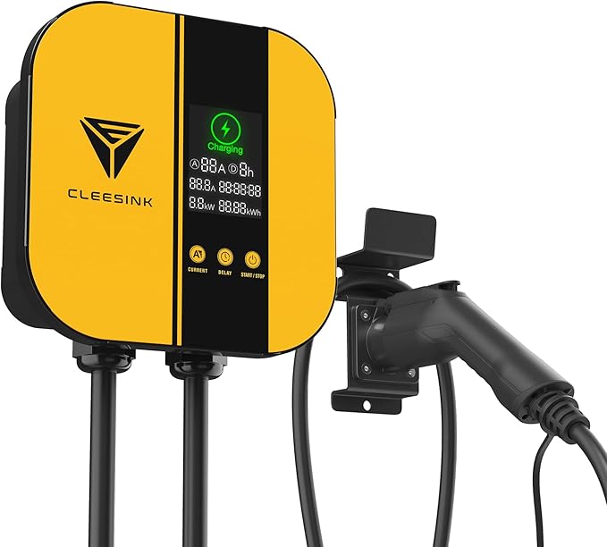 CLEESINK Level 2 EV Charger, 40A 240V Indoor/Outdoor Electric Vehicle Charging Station, NEMA 14-50, 23ft Cable UL Listed Home Electric Car Universal Wall Charger EVSE, Settable Amps & Time, Yellow