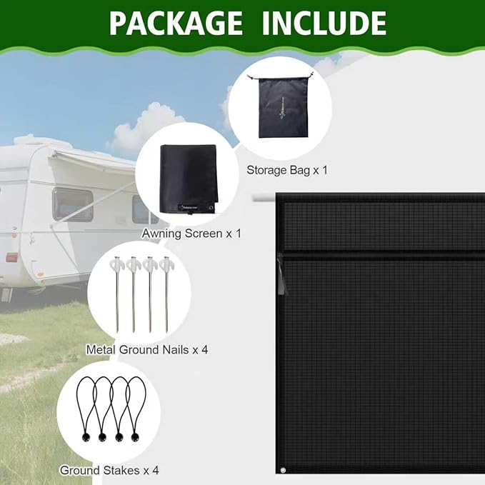 Dulepax RV Awning Sun Shade Screen with Zipper 9'X20'3'' -Second Generation RV Awning Shade Screen Significantly Improves Shadew and Privacy.Universal, RV Awning Screen with Complete Kits