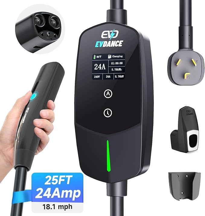 Level 2 EV Charger for Tesla, 24Amp 240V/25FT NEMA 10-30 Plug, 25FT Cable for Model S/3/X/Y, One-Touch Open Connector & Adjustable Current (10-24A) for Home/Garage Use, IP66 Waterproof