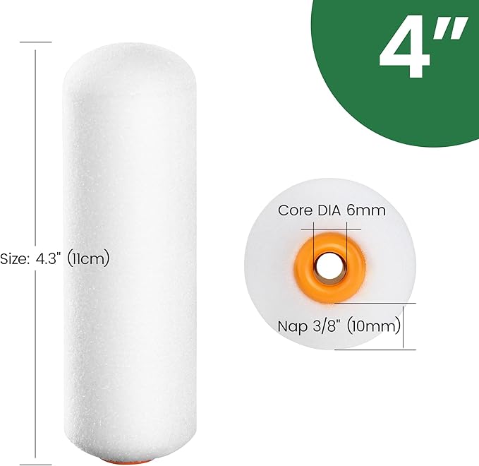 VOOMEY Mini Paint Roller Covers,High Density Foam Paint Roller,4 Inch Foam Roller Paint, 24 Pack,Fits All Flat Surfaces, Including Kitchen Cabinets, Doors, Tables, Etc.