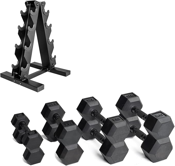 CAP Barbell Rubber Coated Dumbbell Weight Set with Vertical Rack | 100 lb, 150 lb, and 210 lb Options