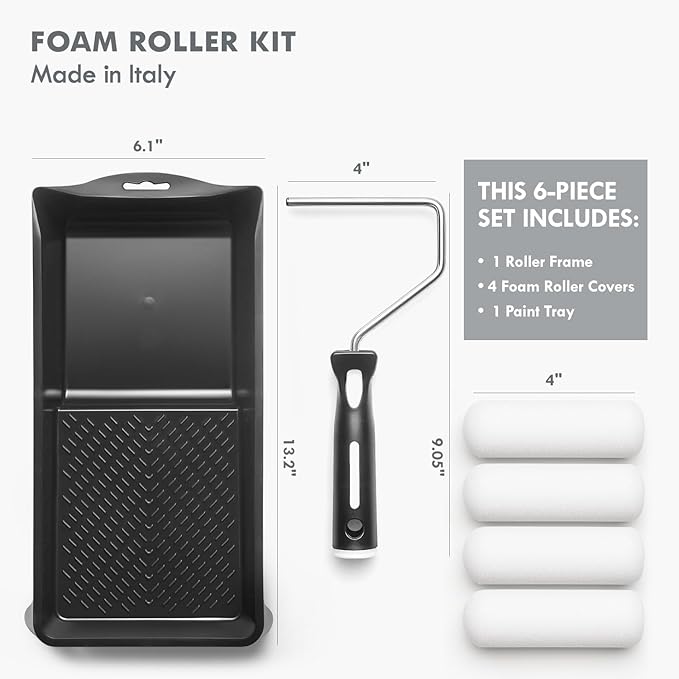 6-Piece 4” Mini Foam Paint Roller Kit - Made in Italy, High-Density Foam Paint Roller Covers, Roller Frame, and Paint Tray, for Professional, Smooth Finish