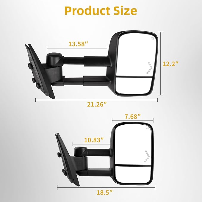 DWVO Towing Mirrors Compatible with Chevrolet GMC Cadillac Silverado Sierra 2007 2008 2009 2010 2011 2012 2013 Power Heated Telescoping with LED Arrow Signal Light