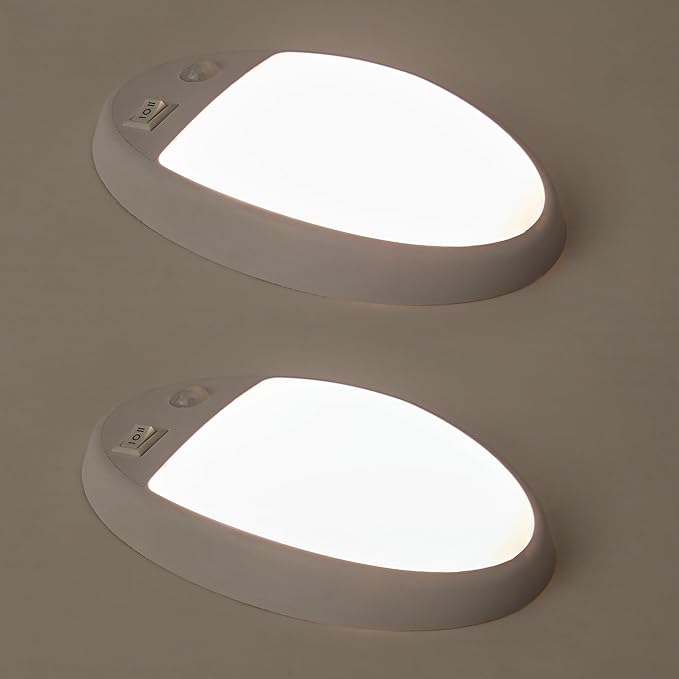 Facon 2Pack 12V DC RV Interior Light with PIR Motion Sensor & 3-Way Switch - Small Oval Pancake Ceiling Dome Light, 4000K Cool White, ETL Listed for RV, Motorhome, Camper, Boat