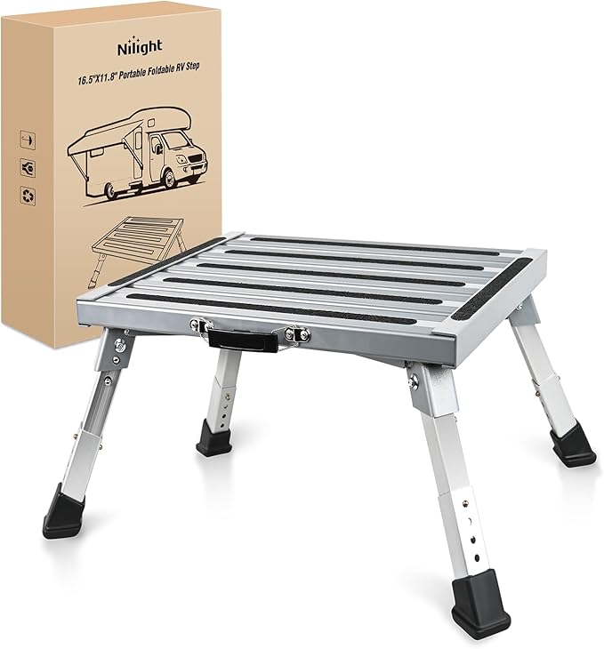 Nilight RV Step Stool Aluminum Folding Platform Steps 19x14.5 RV Steps 4 Levels Adjustable Step Stool with Anti-Slip Surface Rubber Feet Handle Supports Up to 500lbs for Camper Travel Trailer, Silver