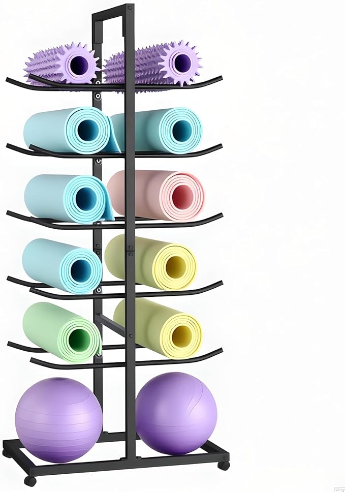 Yoga Mat Holder, Yoga Mat Storage Rack Floor-Standing, Home Gym Double Sided Foam Roller Holder Rack, Large Capacity Yoga Blocks Organizer Shelf on Wheels, 5 Tier Metal Rolling Cart (black, 5th floor)