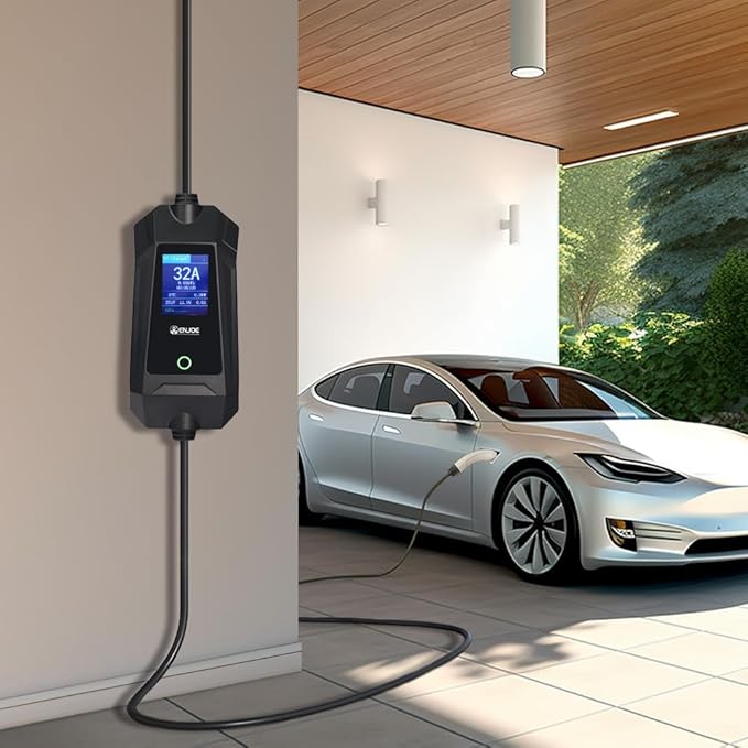 Level 1 & 2 EV Portable Charger up to 32Amp, 110V / 240V with 25ft Cable for Tesla NACS, NEMA 5-15 & 14-50 Plug Indoor/Outdoor EVSE, Home/Travel Electric Car Charging Station