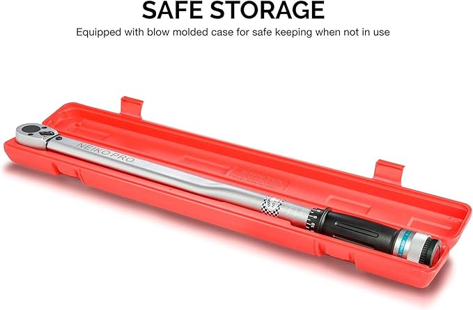 Neiko PRO 03709B 1/2-Inch-Drive Torque Wrench, 25-Inch Adjustable Click Torque Wrench, Made with Chrome Vanadium CrV Steel, SAE