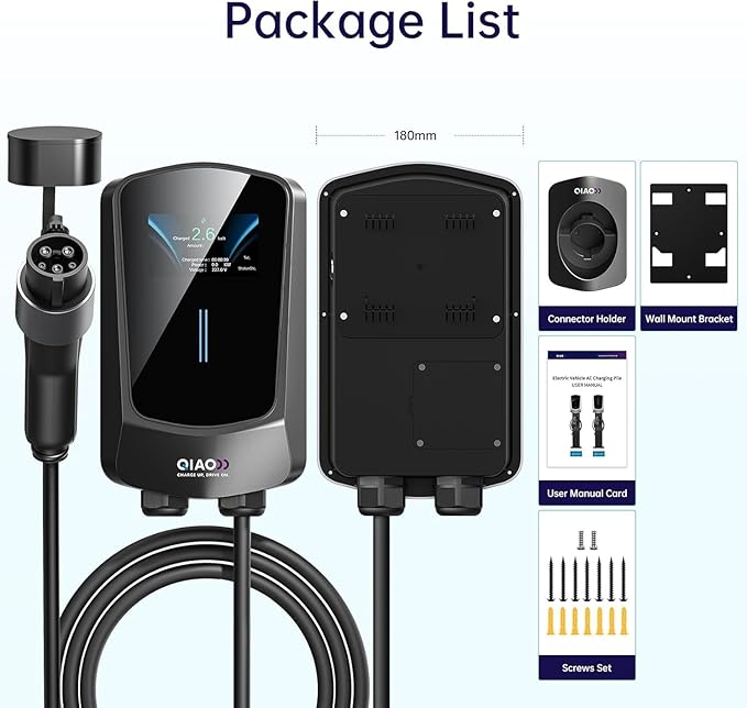 QIAO Level 2 EV Charger, Up to 48A Hardwired Electric Car Charger, Wi-Fi Bluetooth APP Enabled EVSE, 4.3in Display, 25ft Cable, Charge Station Compatible with All SAE J1772 EV Models (Black)