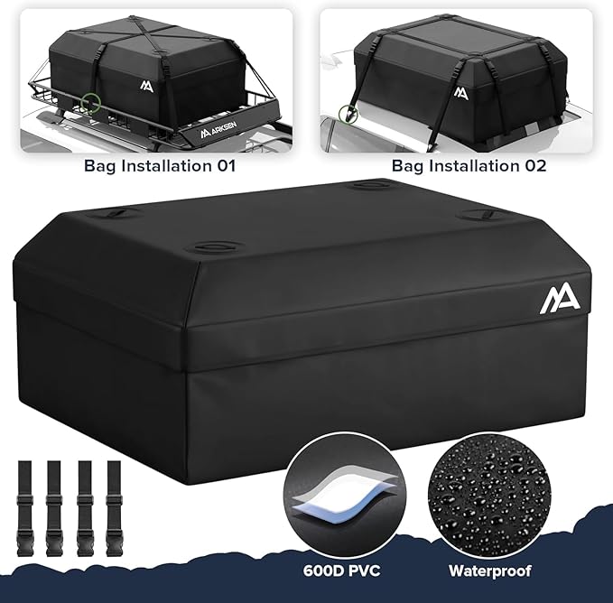 ARKSEN 64 x 39 x 5 Inch Universal Roof Rack with Waterproof Bag, Cargo Net & 2 Ratchet Straps - Upgrade 150Lbs Capacity Heavy Duty Rooftop Cargo Carrier with Extension for Car, SUV & Pickup