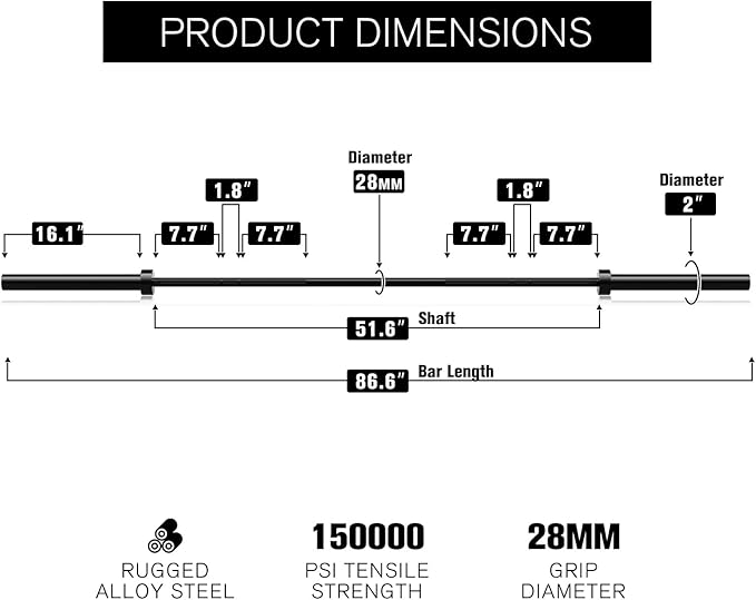RITFIT 7FT Olympic Barbell for Strength and Weightlifting Training - 2 Inch Olympic Bar for Squat, Deadlift, Bench Press, Curl, Overhead Press - 500lbs/1000lbs/1500lbs Capacity