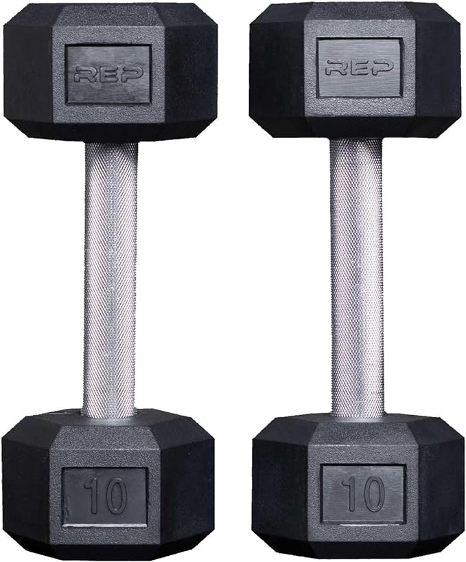 Rep Fitness Rubber Hex Dumbbell(s) - Singles (55LB +) and Pairs (5LB - 50LB) - Low Odor, Fully Knurled Handle