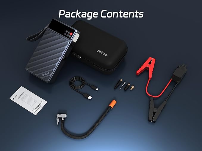 Pelsee 3500A Jump Starter with Air Compressor, 20000mAh Portable Car Battery Jump Starter, 45W Fast Charge, 12V Battery Pack(10L Gas 8L Diesel Engine)with Tire Pressure Monitor, Light,Jumper Cables,E1