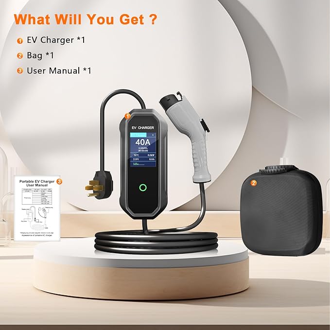 Level 2 EV Charger 40 Amp 110-240V 23ft Cable NEMA 14-50P, Mobile Portable Electric Vehicle Charger Plug-in Home EV Charging Station for SAE J1772 Evs Adjustable Current 