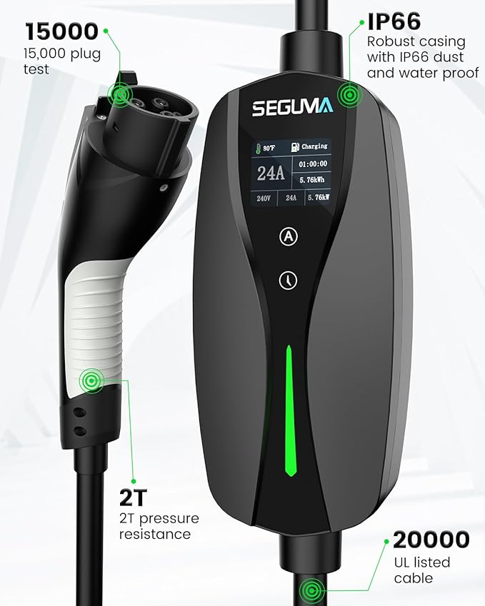 Level 2 EV Charger with NEMA 10-30 Plug, 24Amp 240V, 25FT Extension Cord, Adjustable Current (10-24A), Portable Home Mobile Dryer EV Charger for J1772 Electric Vehicles, Fits 3-Prong Dryer Outlet