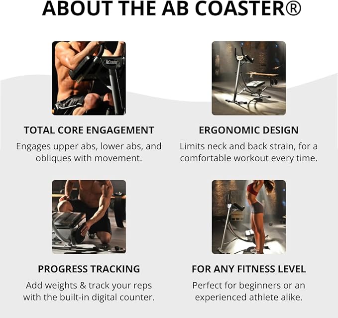 AbCoaster MAX Ab Machine Exercise Equipment For Home Gym, Less Stress on Neck & Back, Abdominal / Core Fitness Equipment for All Levels, Black