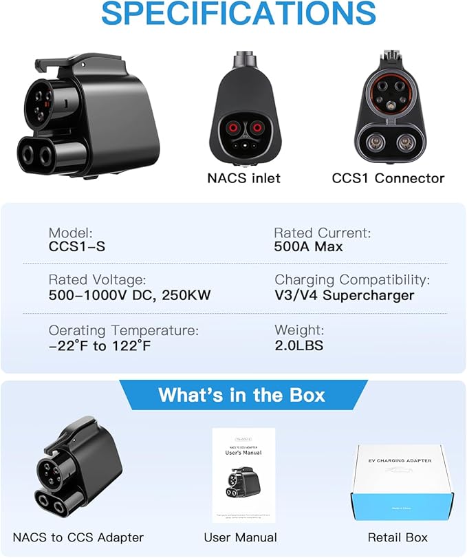 Tesla Supercharger to CCS1 Charger Adapter NACS to CCS1 Adapter, 500A/1000V fit for V3/V4 Tesla Supercharger, Nacs DC Adapter Compatible with Ford, Rivian, GM, Volvo, Polestar, Hyundai CCS1 EVs, Black