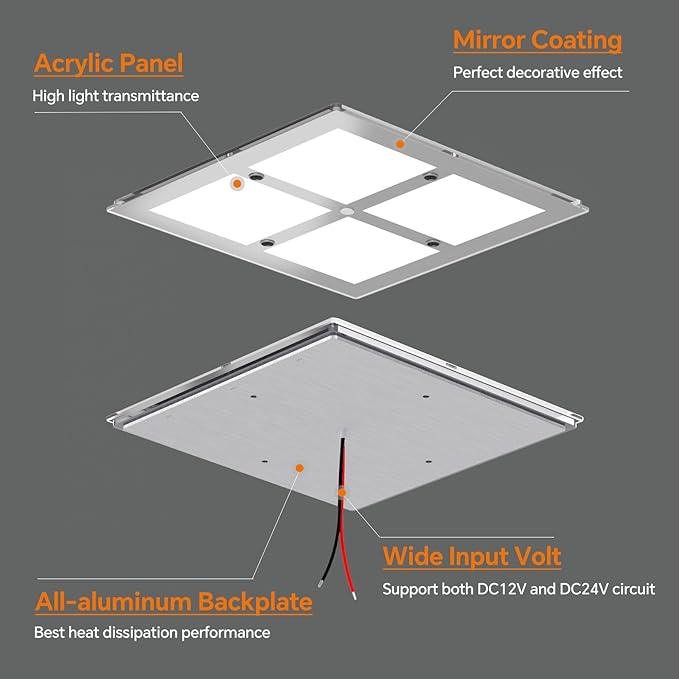 RV 12V LED Ceiling Dome Light with Switch, Square 8-1/2" Fixture, Dimmable 1080LM Lights with Acrylic Shade for RV Trailer Camper Boat Interior Lighting, Surface Mount (3000K Warm White)