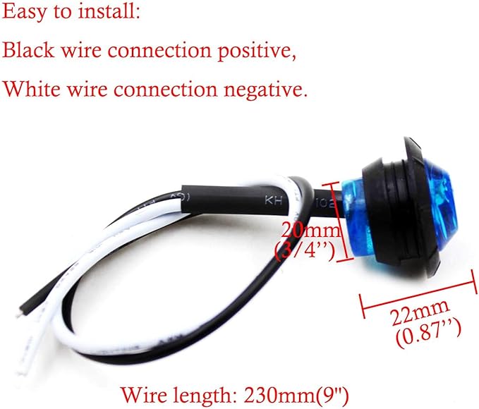 KEING 10 Pack Sealed Waterproof Mini Round 3/4 Inch Blue LED Marker lights Signal Light 12V for Trailer Truck Bus Pickup Van ATV RV Lorry Caravan, 5 Years Warranty