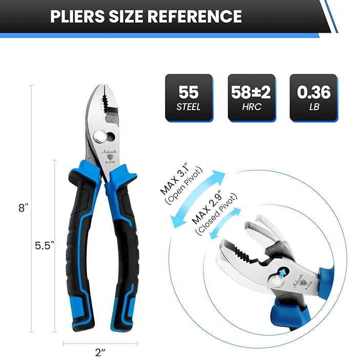 8-Inch Slip Joint Pliers, Alloy Steel with Swivel Rivet & Non-Slip TPR Handles, Strong Sharp Teeth for Plumbing, Automotive Repair, Tightening, Loosening, Gripping Nuts, Bolts, Pipes Adjustab