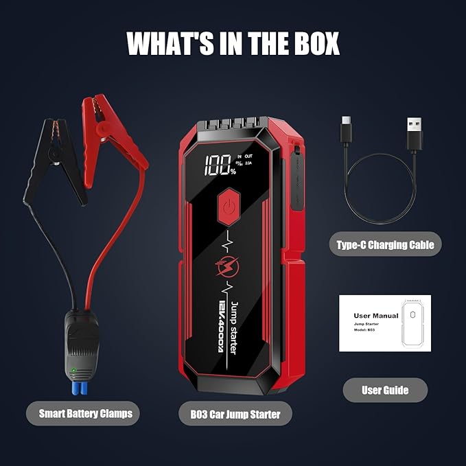 Car Battery Jump Starter 4000A: Battery Jumper Starter Portable Charger with Jumper Cables, 12V Auto Jump Starter Battery Pack - Car Starter Jump Box for All Gas & 10.0L Diesel Engines, Black & Red