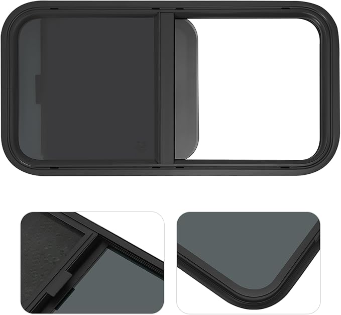 RV Window, Teardrop Horizontal Slide Black RV Window, Universal RV Window 30" W x 15" H Horizontal Sliding Window Camper Trailer Window Horizontal Sliding Replacement Glass W/Trim Ring