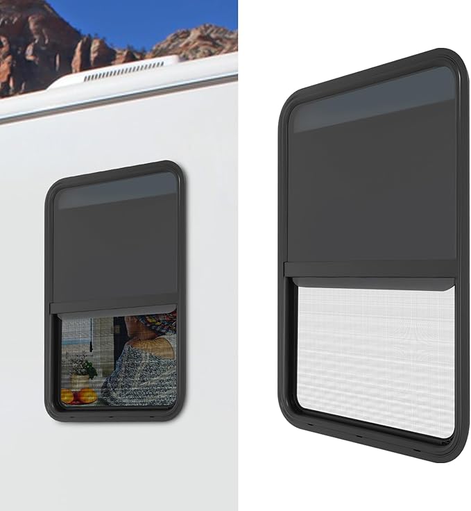 RV Window, 24" X 36" Universal RV Window Vertical Slide W/Trim Ring, Vertical Sliding Glass Window with Screen Window for Cargo, Horse Trailer, Marine Camper Window Replacement (24" X 36")