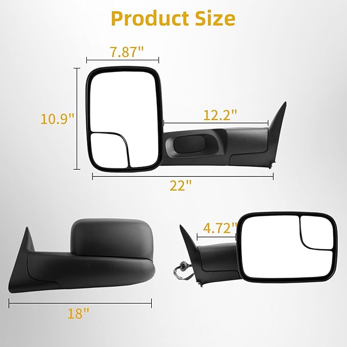 DWVO Towing Mirror fit 94-97 Dodge Ram 1500 2500 3500, Tow Mirrors with Power Adjusted Plane Mirror, Manual Flip Up Left+Right
