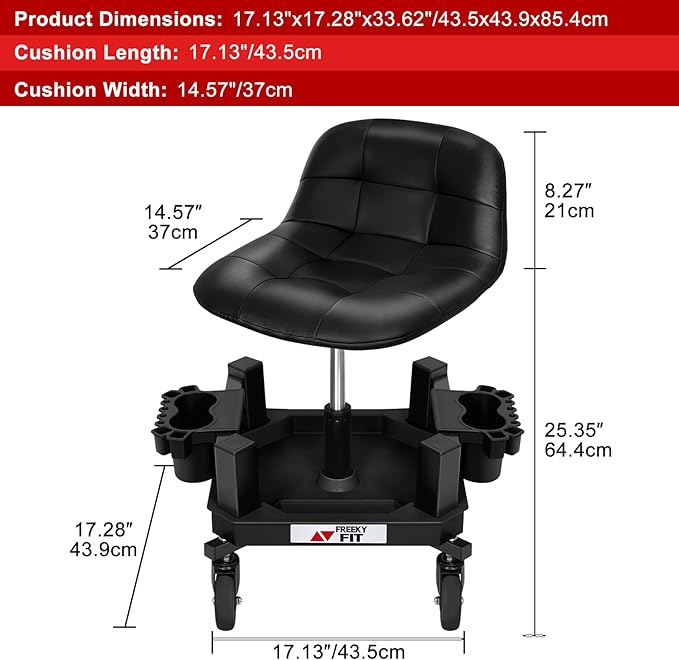 Rolling Stool with Wheels, Adjustable Shop Stool Mechanic Seat, Garage Shop Roller Work Chair, Mobile Rolling Seat with Tool Tray, 2 Cup Holders, 4" Casters, 350 LBS, Heavy-Duty, Black