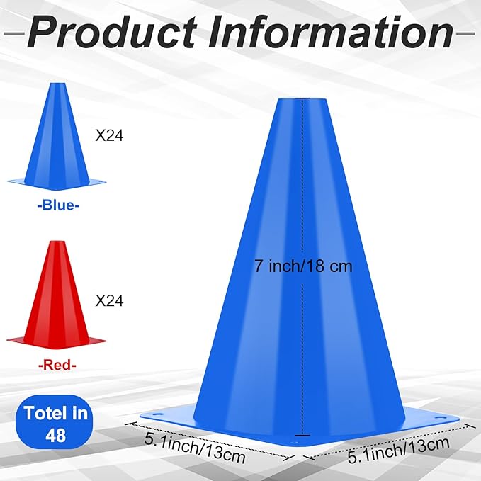 Leelosp 48 Pack 7" or 9" Plastic Traffic Cones Agility Field Marker Soccer/Safety/Sports/Training Cones for Skating Basketball Football Practice Drills Themed Party Decorations