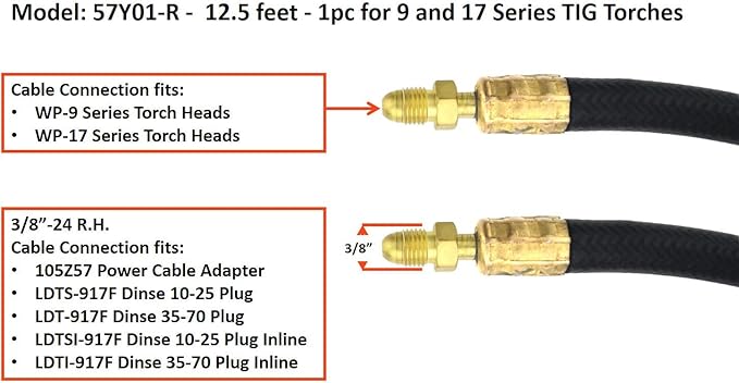 SÜA - TIG Torch Power Cable - Model: 57Y01R - 12.5 feet - 1pc for 9 and 17 Series TIG Torches