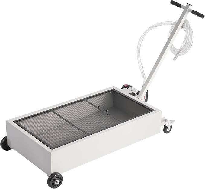 VEVOR Low Profile Oil Drain Pan, 20 Gallon Capacity, Rolling Oil Drain Pan with Electric Pump, 7.2 ft Hose & T Folding Handle, Leak-proof & Corrosion-resistant, Fit for Cars, SUVs, Trucks, ATVs, White