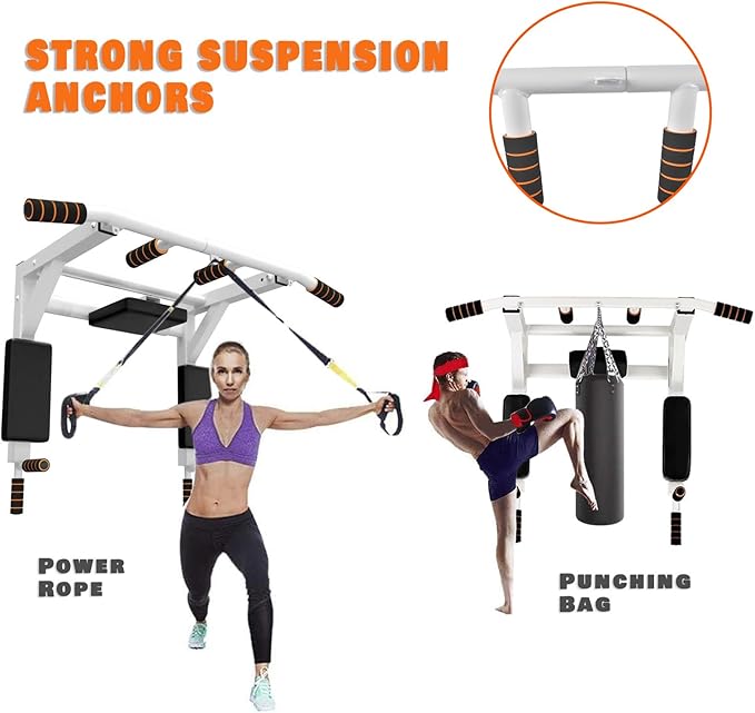 Wall Mounted Pull Up Bar Chin Up bar Multifunctional Adjustable Dip Station for Indoor Home Gym Workout, Power Tower Set Training Equipment Fitness Dip Stand Supports to 440 Lbs (Black)