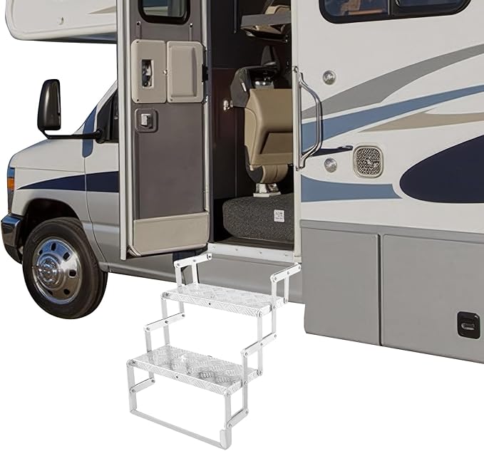 RV Steps, Foldable RV Stairs, Aluminum Alloy 17" Wide Camper Steps, Scissor Stairs Ladder for Mobile Home, RVs, Camper, Shop, Trailers, Truck, Warehouse (2 Steps)