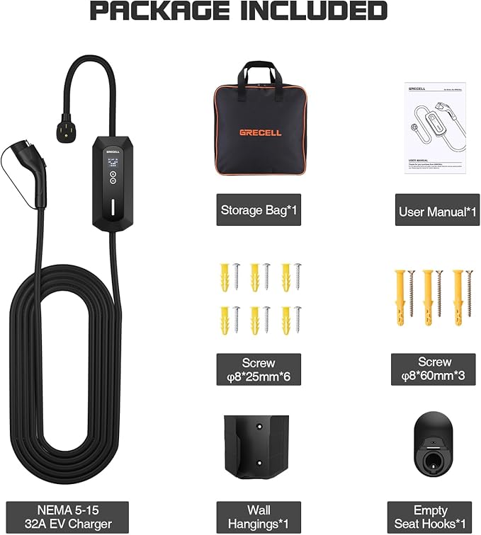 GRECELL Level 2 EV Charger, 32A/7.4KW Electric Vehicle Portable Charger with 25FT Cable, ETL Certified Level 2 Car Charger for All SAE J1772, 240V NEMA 14-50 Adjustable Current for Home & Travel