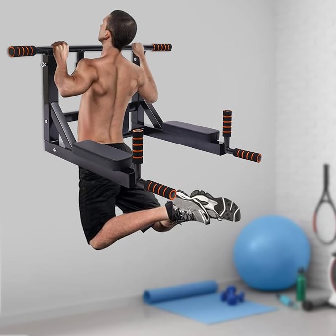 Wall Mounted Pull Up Bar, Adjustable Dip Station with PU Backrest & Anti-Slip Grips, Heavy Duty 440lbs Capacity Chin Up Bar for Home, Gym