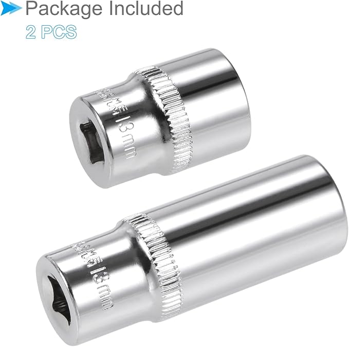 6-Point Socket, 1/4" Drive 13mm Deep, Polished Chromed CR-V Metric Deep and Shallow Impact Socket - (Applications: for Ratchet Torque Electric Wrenches Car Repair), 2-Pieces