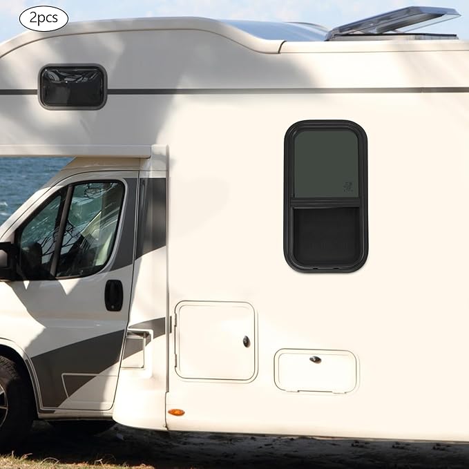 2 Pack 12" W x 24" H RV Window Vertical Sliding, DOT Certified - Shatterproof Tempered Tinted Glass, with Net Screen and Trim Ring, Teardrop Replacement Trailer Camper Window