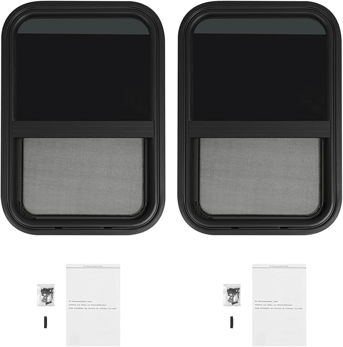 2 Pack RV Window Teardrop Style, 15" X 22" Universal RV Window Vertical Slide With 2 Trim Ring, Vertical Sliding Glass Window with Screen Window for Cargo, Horse Trailer (15"Wx22"H(2 pack))