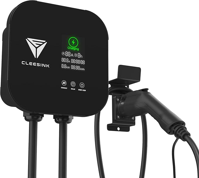 CLEESINK Level 2 EV Charger, 40A 240V Indoor/Outdoor Electric Vehicle Charging Station, NEMA 14-50, 23ft Cable UL Listed Home Electric Car Universal Wall Charger EVSE, Settable Amps & Time, Black